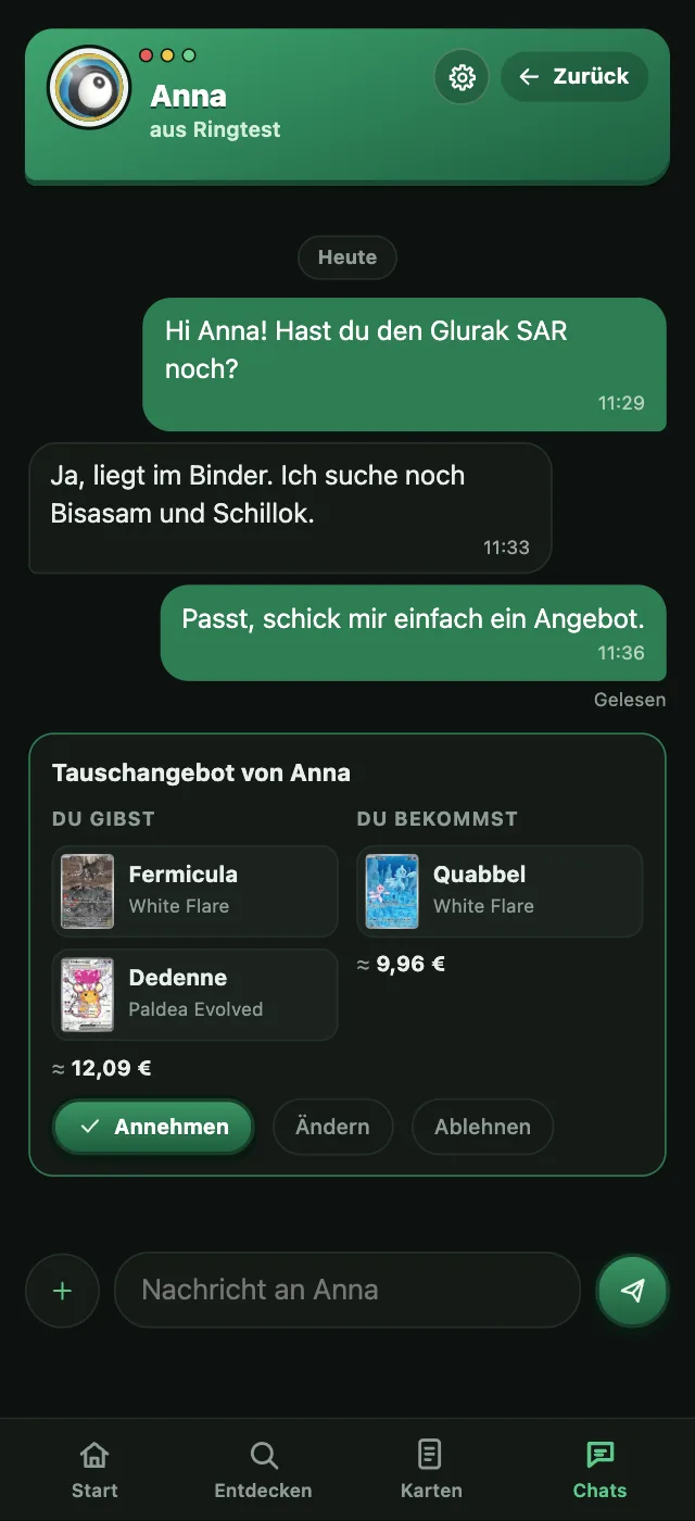 Tauschangebot im Chat mit Annehmen, Ändern und Ablehnen