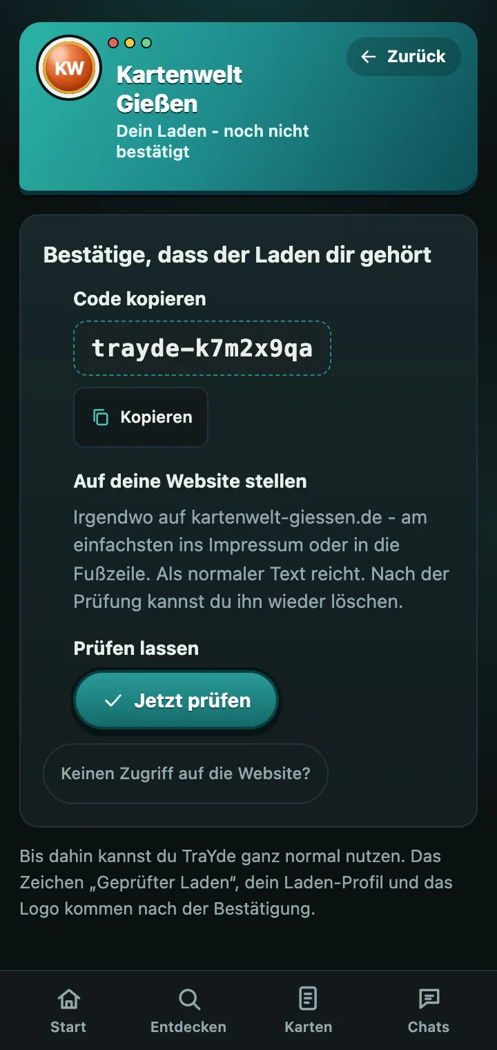 Laden bestätigen: Code kopieren, auf die Website stellen, prüfen lassen