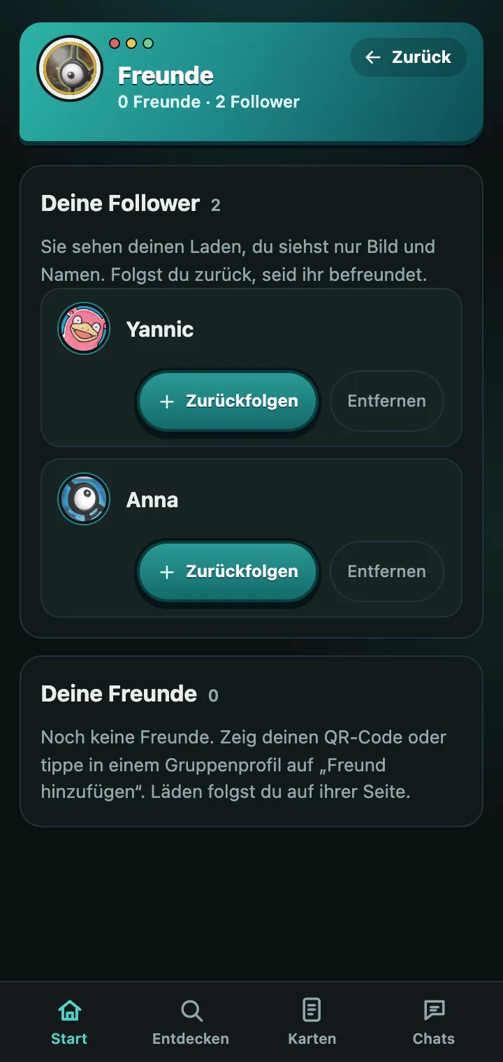 Liste der Follower eines Ladens mit Zurückfolgen und Entfernen