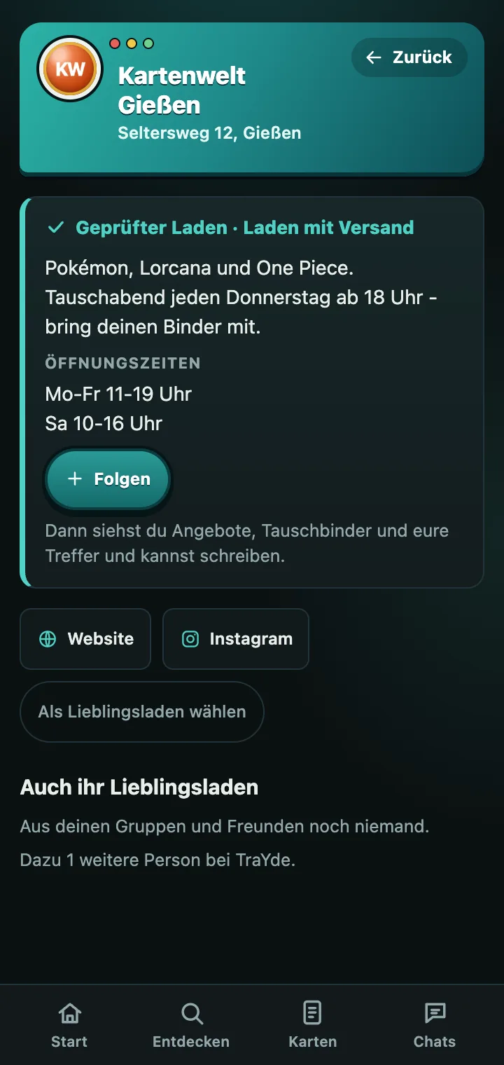 Seite eines geprüften Ladens mit Logo, Öffnungszeiten, Beschreibung und Folgen-Knopf