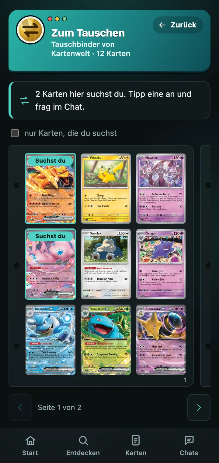 Tauschbinder eines Ladens, Karten, die man selbst sucht, sind markiert