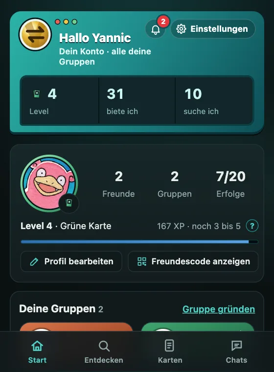 Startseite von TraYde mit Profil, Level, Gruppen und Karten